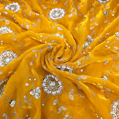 Mirha Hand Embroidered Gold Yellow Organza Shimmer Tissue with Floral Sequin Embroidery