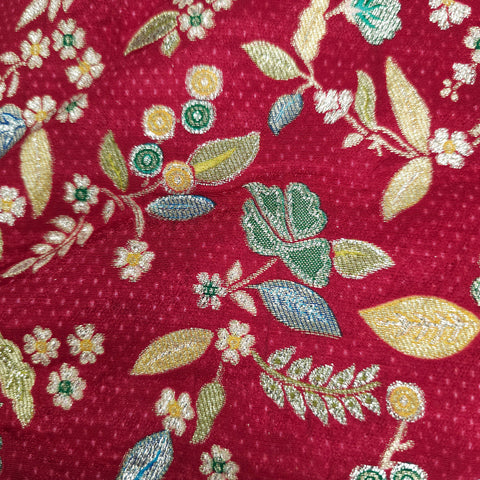 Embroidered Red Silk Brocade Blouse with Curvy V Neckline