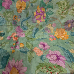 Multi-color Floral Digital Print on Mint Green Organza Fabric with Handwork