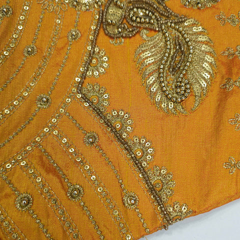 Embroidered Yellow Raw Silk Blouse with Round Neckline