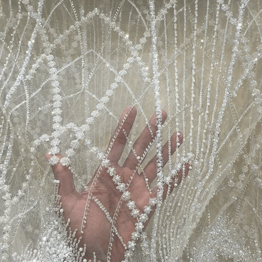 Ivory Embroidered Net Fabric with Heavy Sequins, Beads & Pearl Work