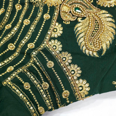 Embroidered Dark Green Raw Silk Blouse with Round Neckline