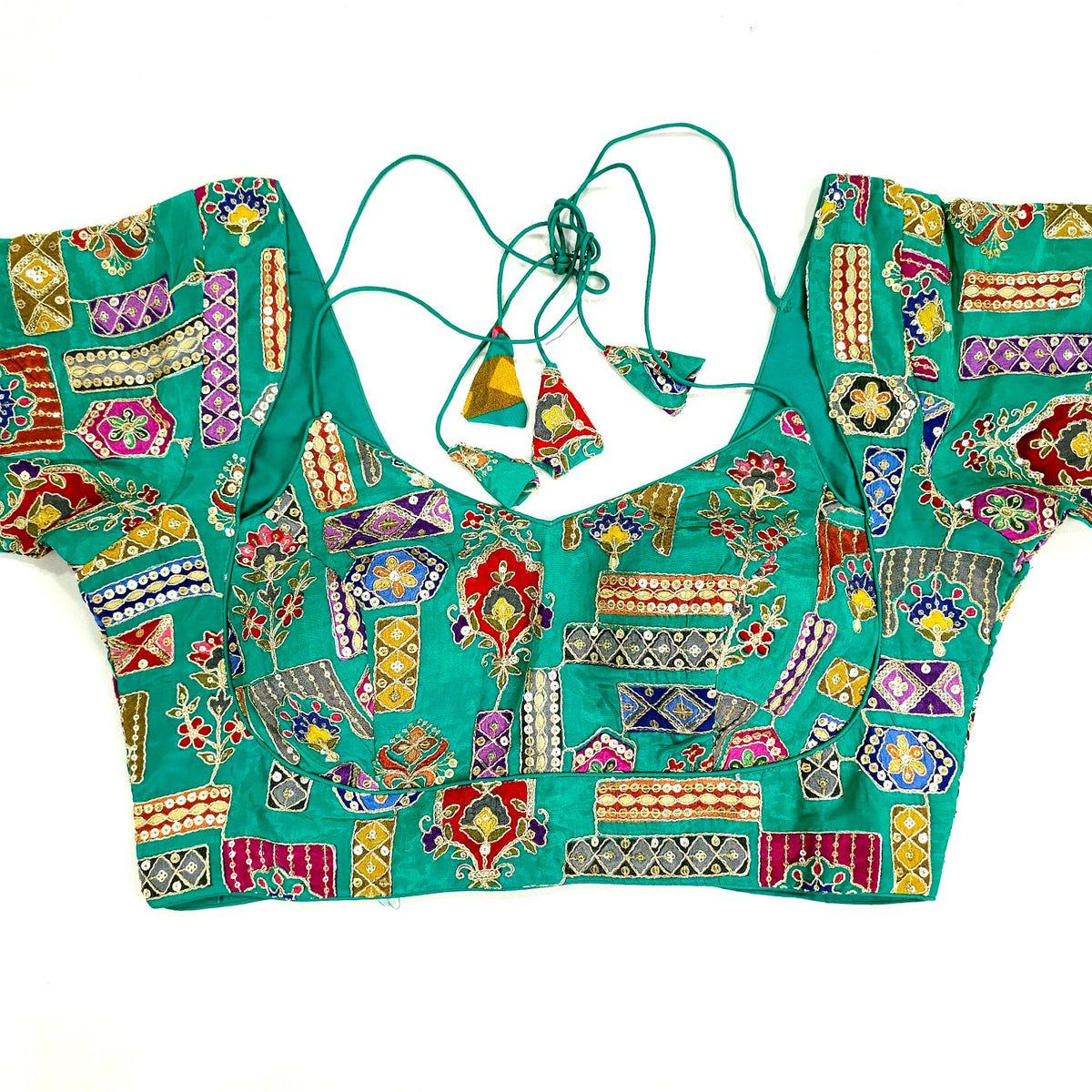 Embroidered Turquoise Blouse - Sweetheart Neckline with tie -up dori