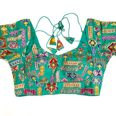 Embroidered Turquoise Blouse - Sweetheart Neckline with tie -up dori