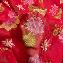 Multi-color Floral Digital Print on Red Organza Fabric with Handwork