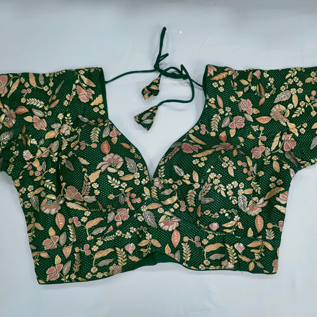 Embroidered Dark Green Silk Brocade Blouse with Curvy V Neckline