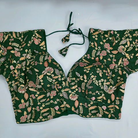 Embroidered Dark Green Silk Brocade Blouse with Curvy V Neckline