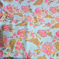 Multi-color Floral Digital Print on Powder Blue Organza Fabric with Handwork