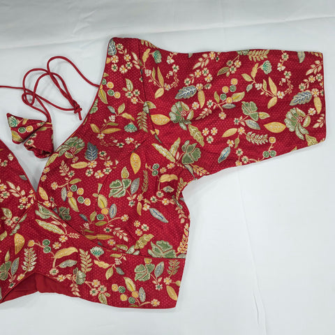 Embroidered Red Silk Brocade Blouse with Curvy V Neckline