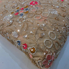 Multicolor Floral Embroidered Beige Net Fabric with White Beads, Cutdana & Sequins