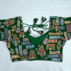 Embroidered Dark Green Blouse - Sweetheart Neckline with tie -up dori