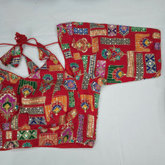 Embroidered Red Blouse - Sweetheart Neckline with tie -up dori