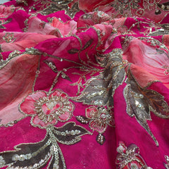 Fuschia Pink Organza Mahima Mahajan inspired with cutdana & sequin work with Floral Position Print