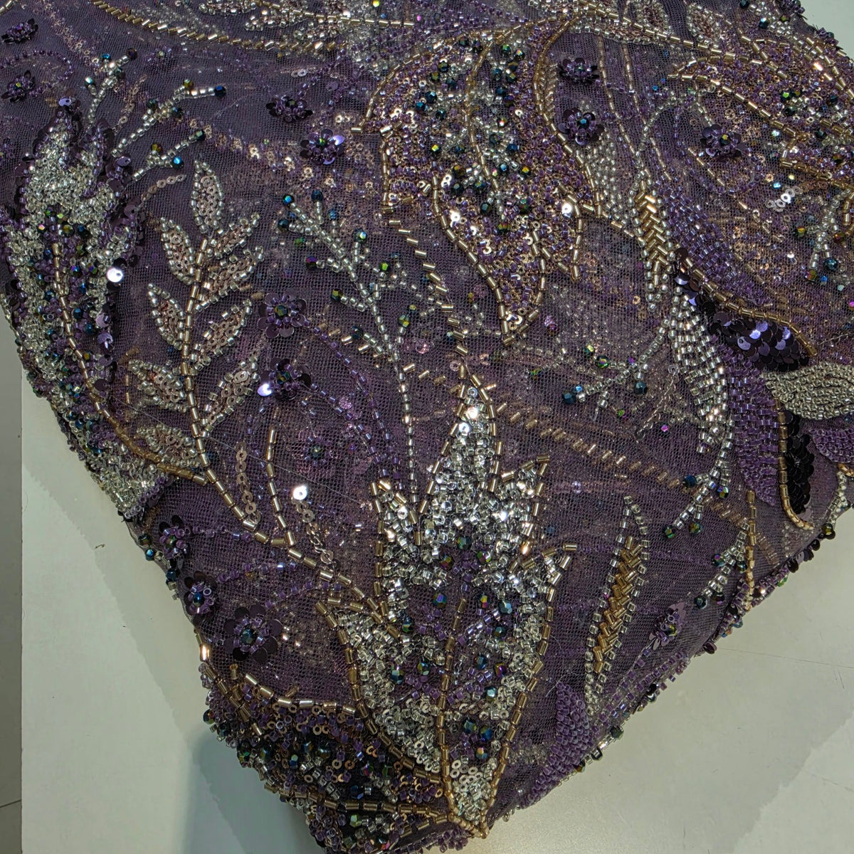 English Lavender Color Embroidered Net Fabric with Cutdana & Sequin Work