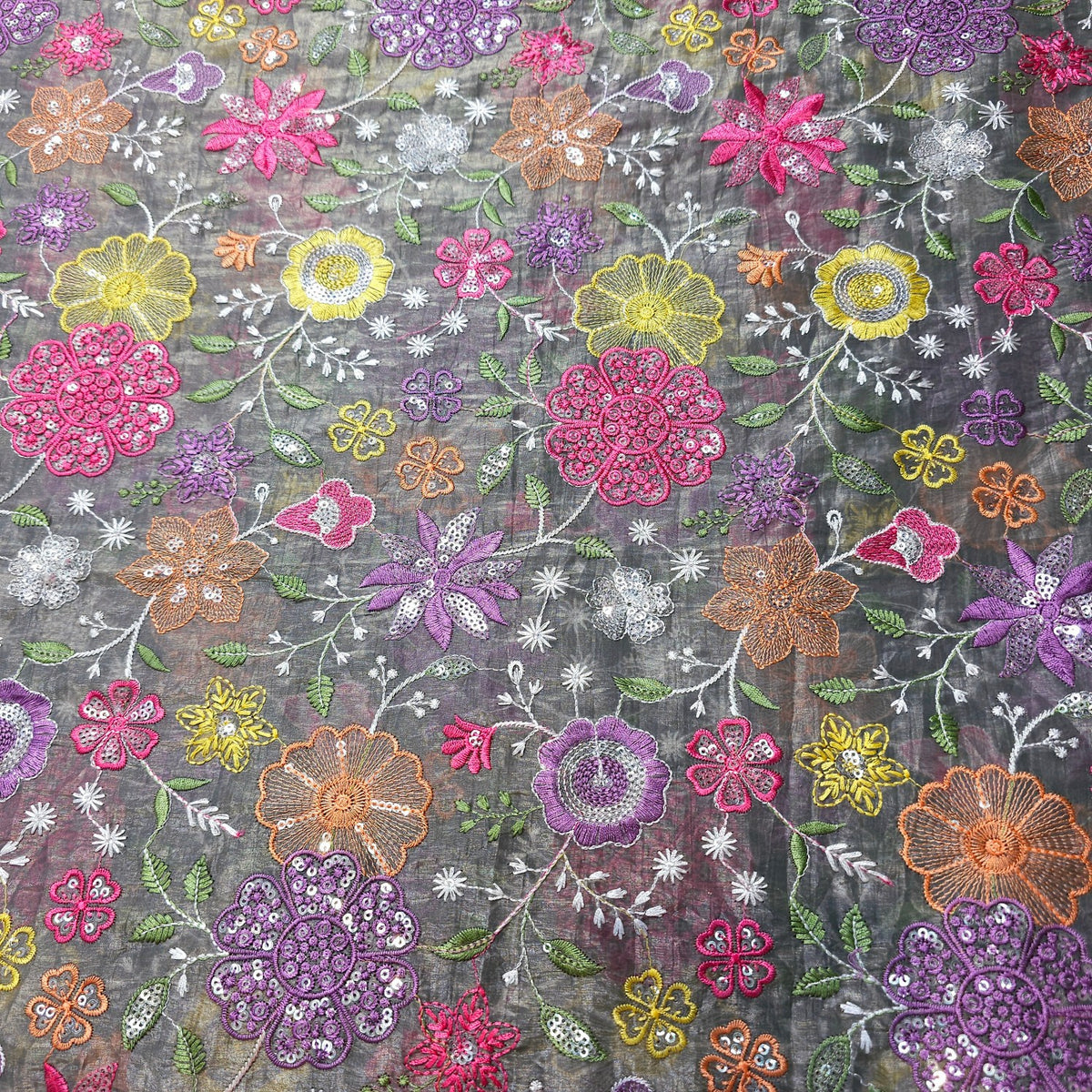 Multi-color Floral Resham work on Grey Soft Organza with Sequin Highlights