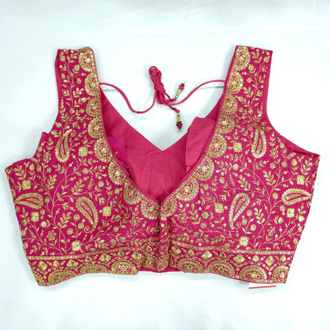 Embroidered Pink Silk Blouse with Attached Sleeves and Curvy V Neckline