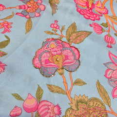 Multi-color Floral Digital Print on Powder Blue Organza Fabric with Handwork