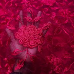 Embroidered Fuschia Pink Net Fabric with all over Floral Pattern