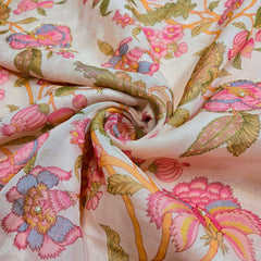 Multi-color Floral Digital Print on Peach Organza Fabric with Handwork