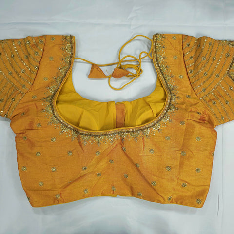Embroidered Yellow Raw Silk Blouse with Round Neckline