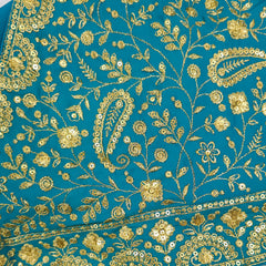 Embroidered Blue Silk Blouse with Attached Sleeves and Curvy V Neckline