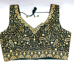 Embroidered Dark Green Blouse with Attached Sleeves and Curvy V Neckline