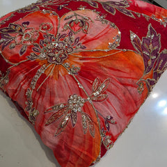 Red, Orange Organza Mahima Mahajan inspired with cutdana & sequin work with Floral Position Print