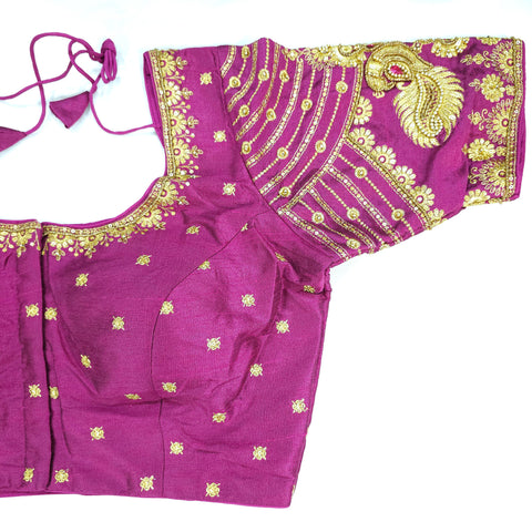 Embroidered Wine Raw Silk Blouse with Round Neckline