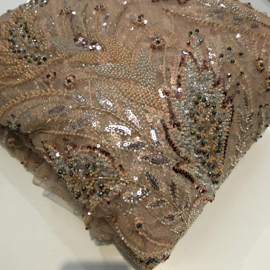 Champagne Gold with Hue of Salmon Color Embroidered Net Fabric with Cutdana & Sequin Work 1496