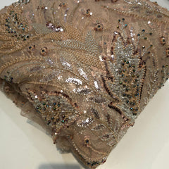 Champagne Gold with Hue of Salmon Color Embroidered Net Fabric with Cutdana & Sequin Work