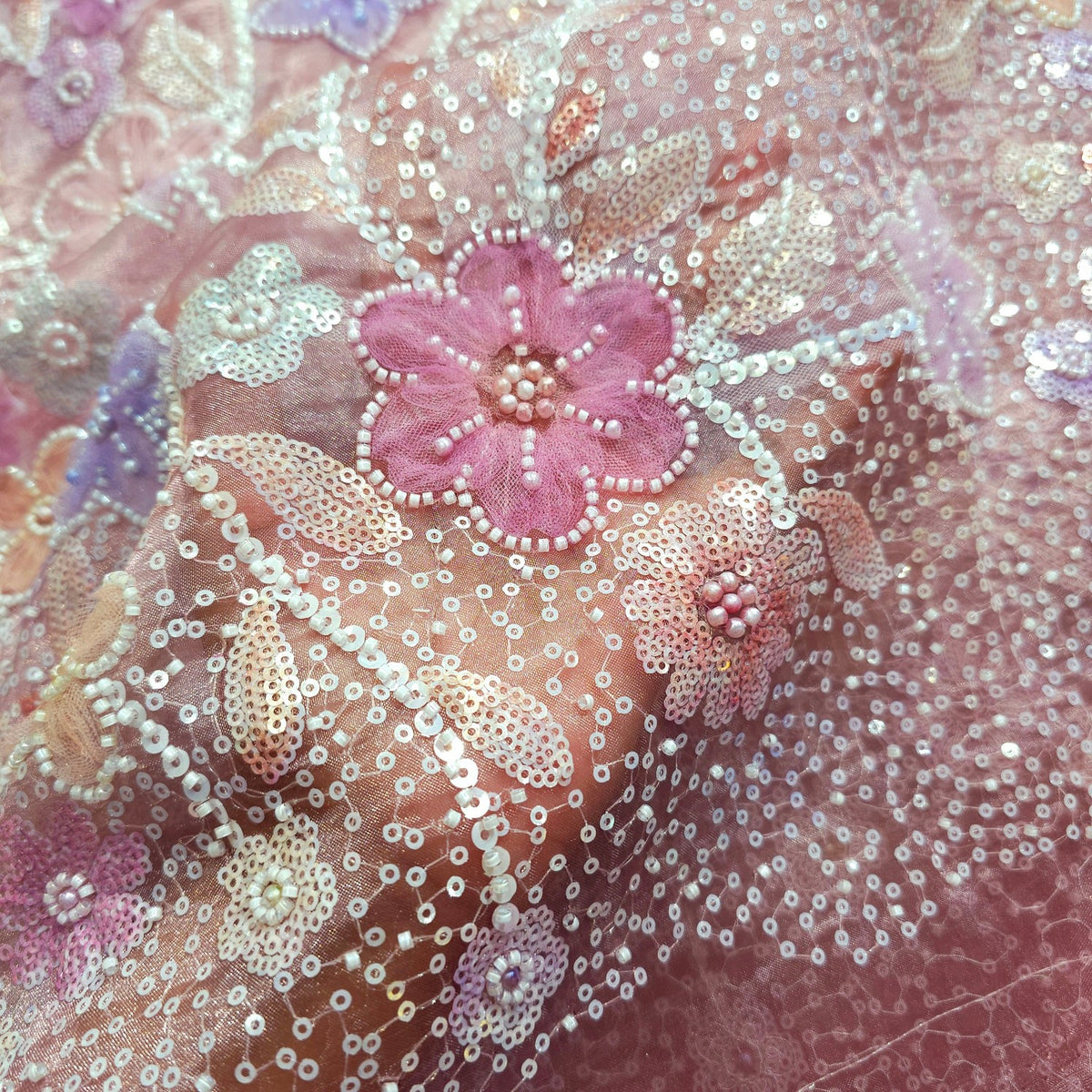 Embroidered Pastel Pink Organza with Floral Applique & Cutdana, Sequin Work