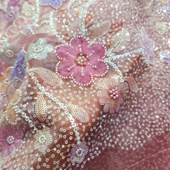 Embroidered Pastel Pink Organza with Floral Applique & Cutdana, Sequin Work