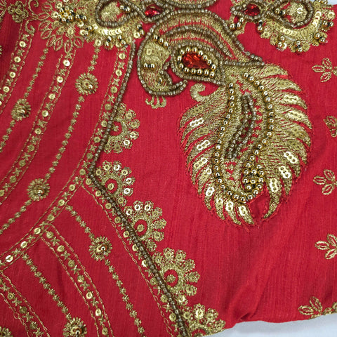 Embroidered Orange Raw Silk Blouse with Round Neckline
