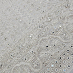 Embroidered White Dyeable Georgette with Border Floral, Geometric Threadwork & Mirror Highlights