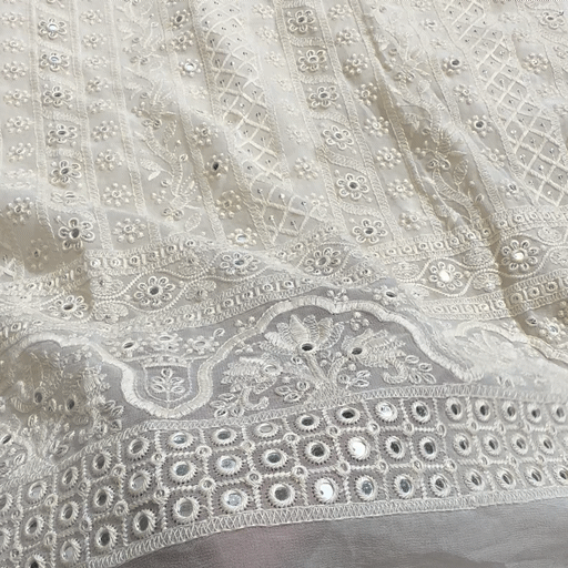 Embroidered White Dyeable Georgette with Border Floral, Geometric Threadwork & Mirror Highlights