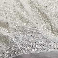 Embroidered White Dyeable Georgette with Border Floral, Geometric Threadwork & Mirror Highlights