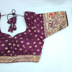 Embroidered Wine Silk Brocade Blouse with Sweetheart Neckline