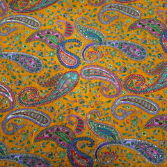 Bright Yellow Crepe Base Fabric with Multicolor Embroidery & Zari, Sequin work