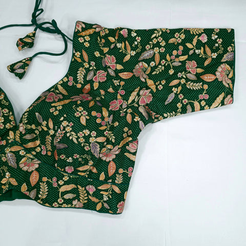 Embroidered Dark Green Silk Brocade Blouse with Curvy V Neckline