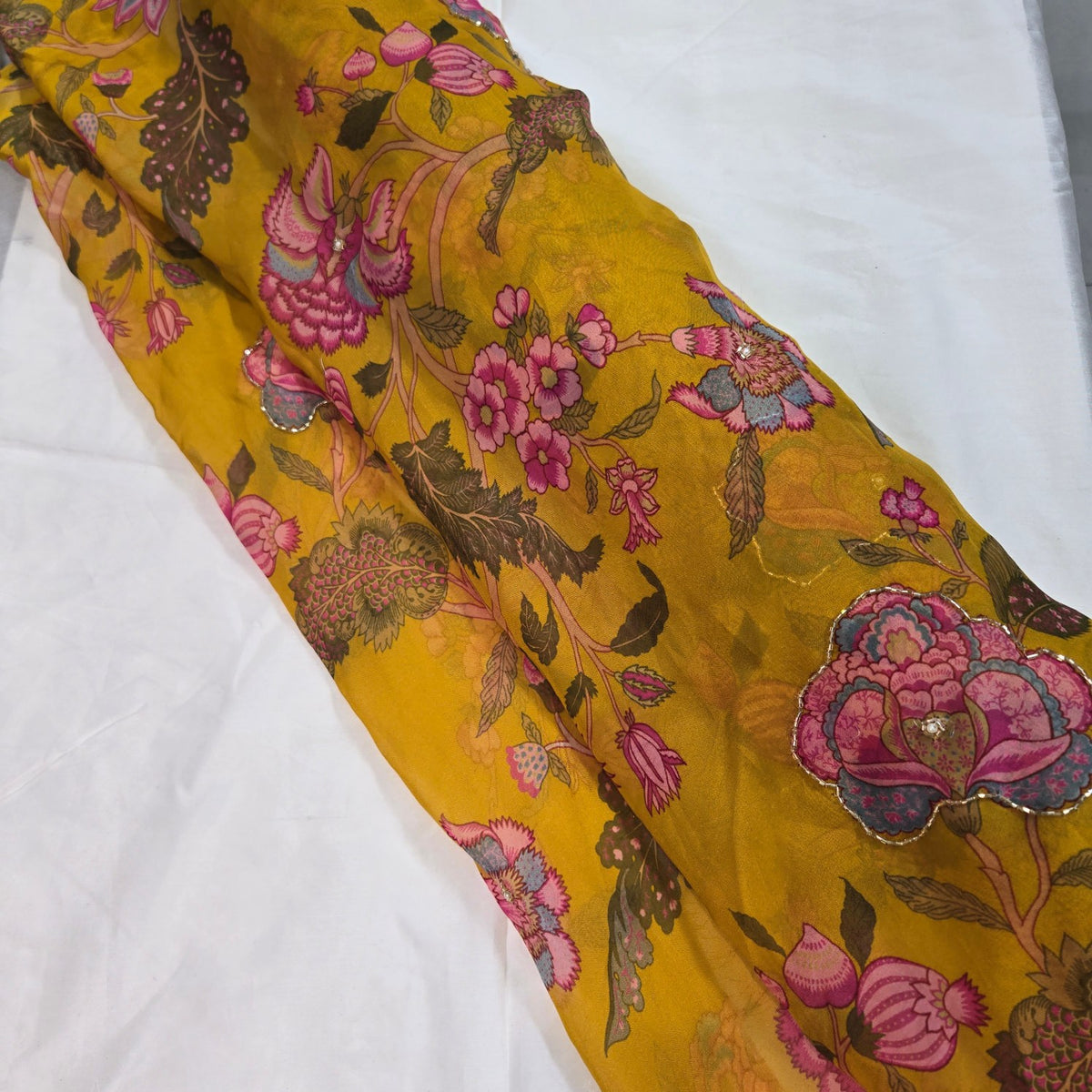 Multi-color Floral Digital Print on Mustard Organza Fabric with Handwork