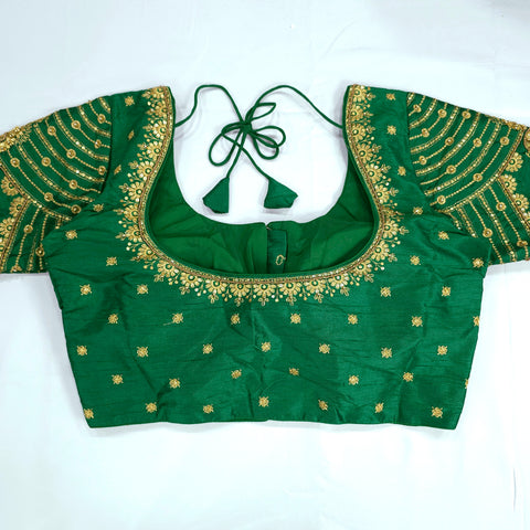 Embroidered Light Green Raw Silk Blouse with Round Neckline