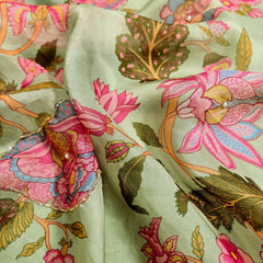 Multi-color Floral Digital Print on Pista Green Organza Fabric with Handwork