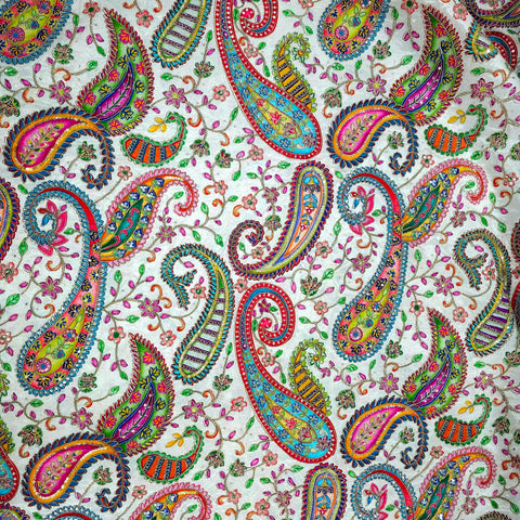White Crepe Base Fabric with Multicolor Embroidery & Zari, Sequin work