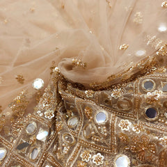 Embroidered Golden Net Fabric with Sequin,Zari, Cutdana & Mirror Work with Border