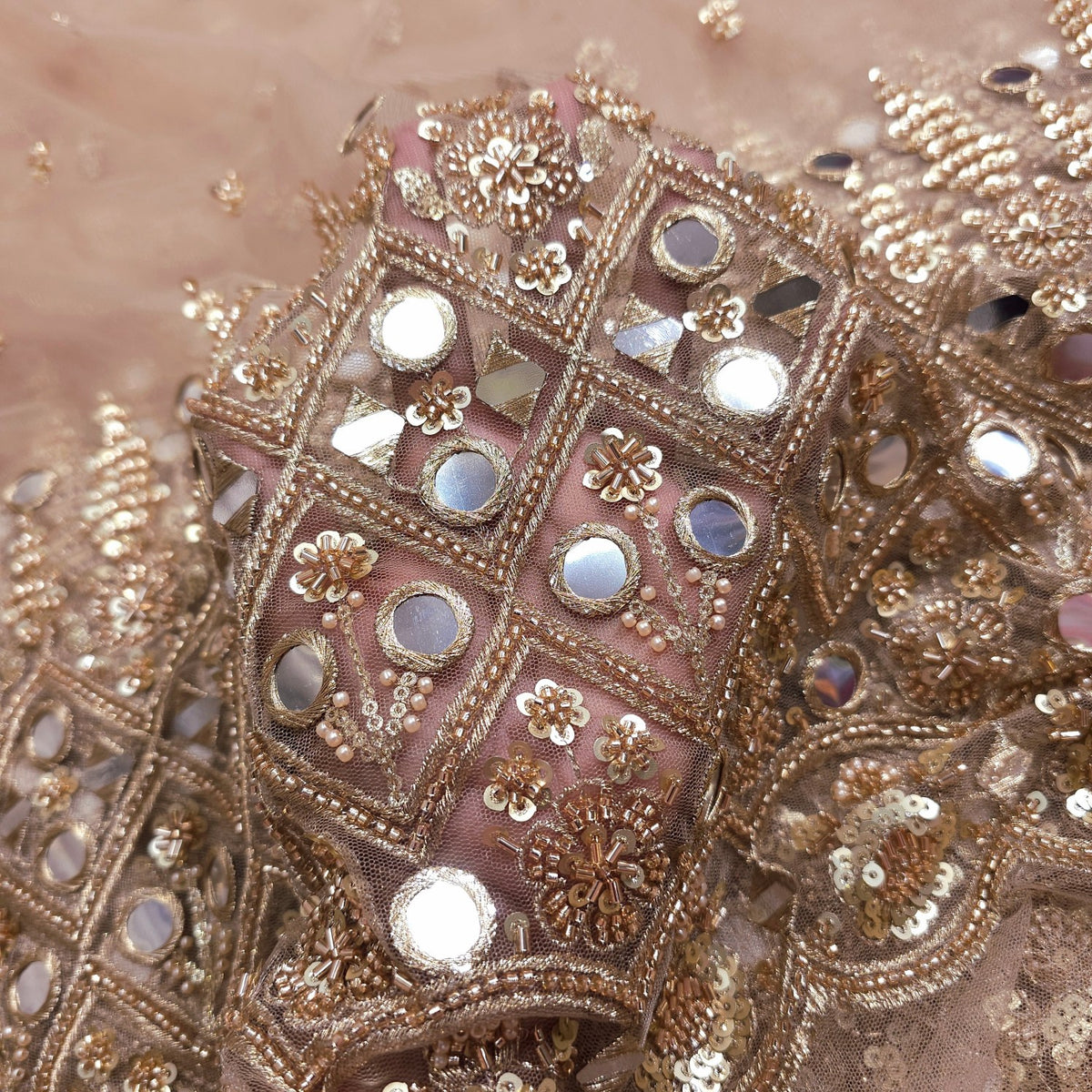 Embroidered Golden Net Fabric with Sequin,Zari, Cutdana & Mirror Work with Border