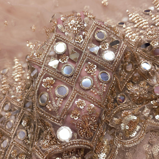 Embroidered Golden Net Fabric with Sequin,Zari, Cutdana & Mirror Work with Border 1496
