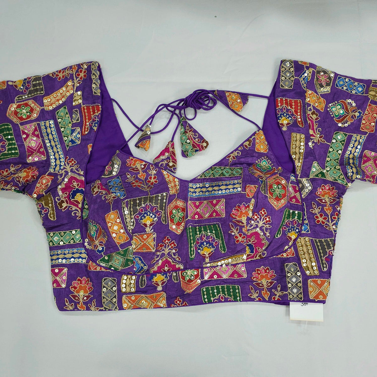 Embroidered Indigo (Violet) Blouse - Sweetheart Neckline with tie -up dori