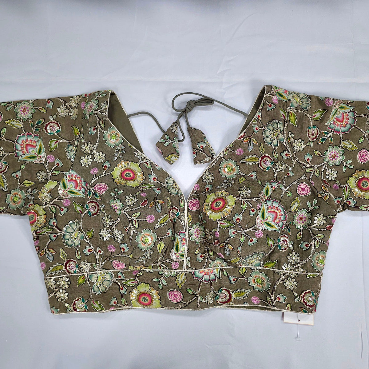 Embroidered Mehendi Green Blouse with Half Sleeves and V Neckline