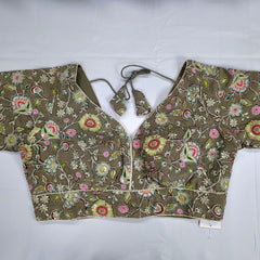 Embroidered Mehendi Green Blouse with Half Sleeves and V Neckline