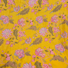 Multi-color Floral Digital Print on Mustard Organza Fabric with Handwork